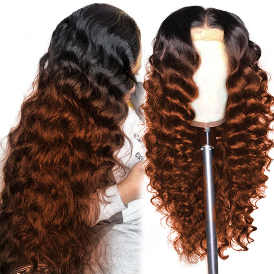 QVR 1B/33 Glueless Affordable Loose Deep Wave 4x4/5x5 Lace Closure Ombre Reddish Brown Colored Wigs