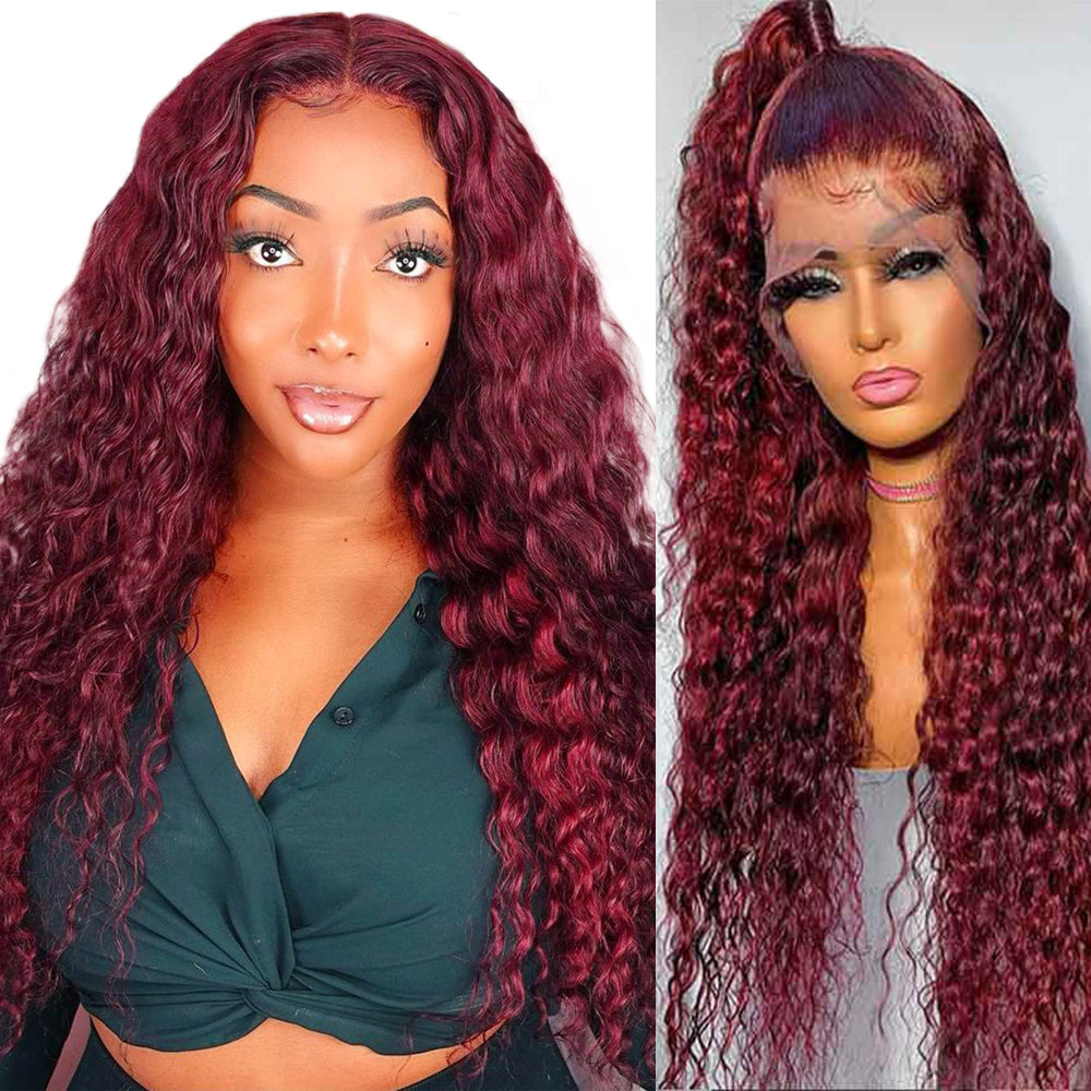 QVR 99J Burgundy Deep Wave Wigs Remy Human Hair Glueless Wigs 16-30 Inch Colored Curly 13x4 Lace Frontal Wigs