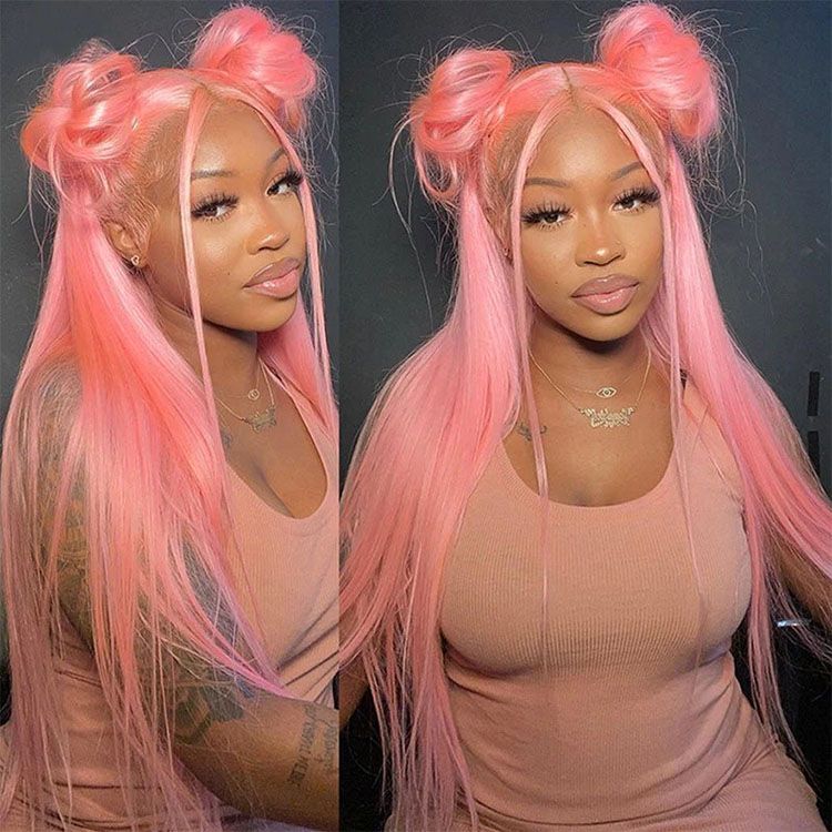 QVR Pink Color 13x4 Transparent Lace Front Wig Bone Straight Pre-plucked Human Hair Wigs