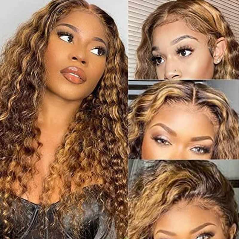 QVR Deep Wave Closure Wigs Human Hair Wigs 180% Density 4x4 Lace Closure Highlight Wigs Honey Blonde