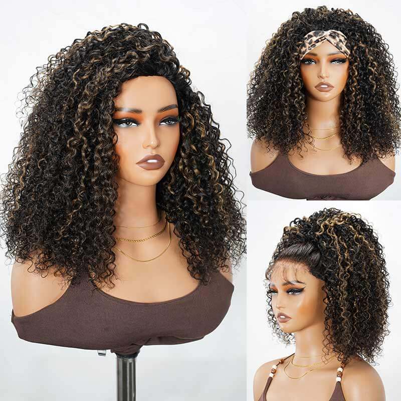QVR Glueless Highlight Brown #1B/30 Twist Curly Half Wig 250% Density Human Hair Wig Wear Go Flip Over Wig