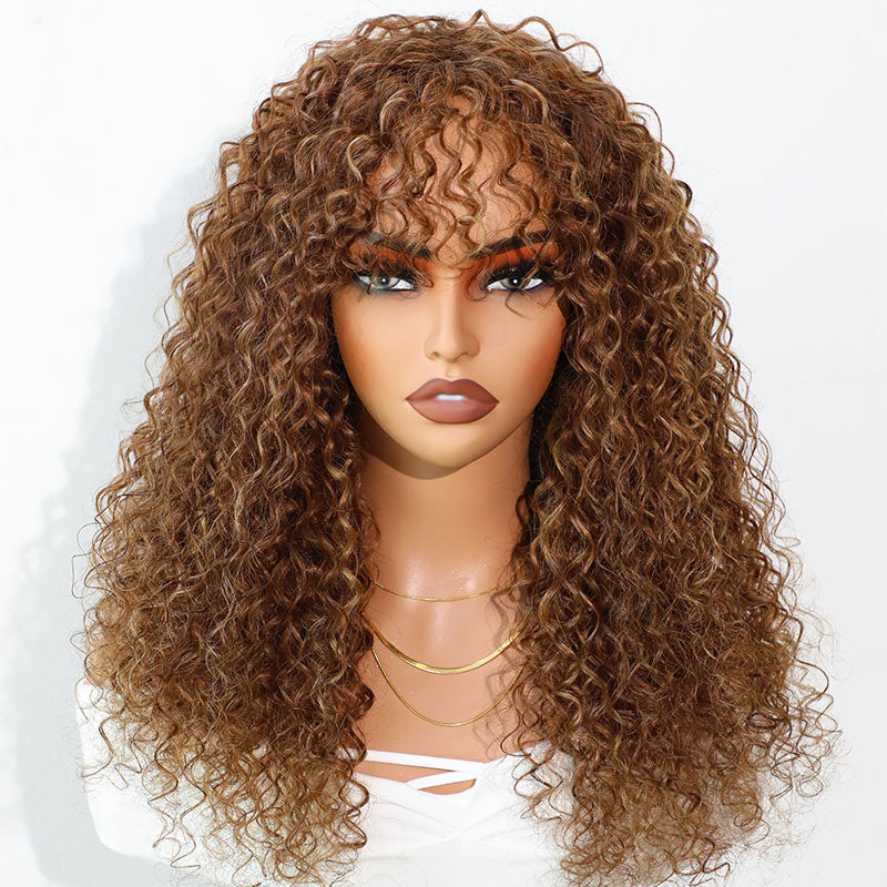 QVR Highlight Curly No Lace Piano #4/27 Color Glueless Machine Made Wig With Bangs
