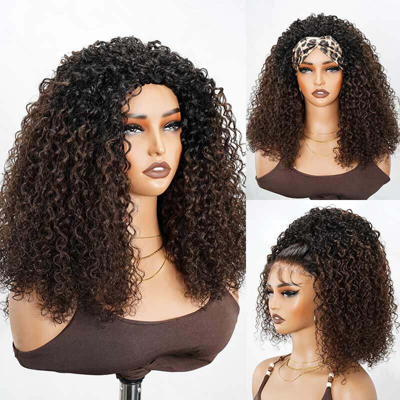 QVR Glueless Highlight Brown #1B/30 Twist Curly Half Wig 250% Density Human Hair Wig Wear Go Flip Over Wig