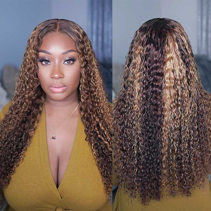 QVR Balayage Funmi Curly Glueless 5x5 Lace Closure Wig Brown Highlights Human Hair Wigs