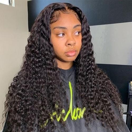 QVR Deep Wave 13x4 Transparent Lace Front Wigs Virgin Human Hair Black Wig