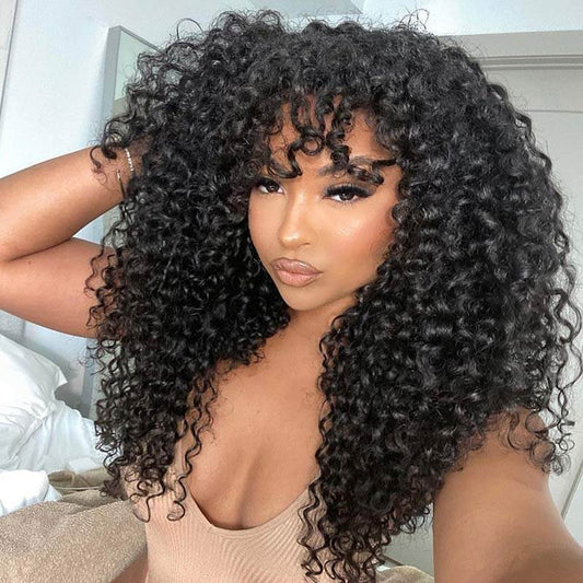 QVR Highlight Curly No Lace Piano #4/27 Color Glueless Machine Made Wig With Bangs