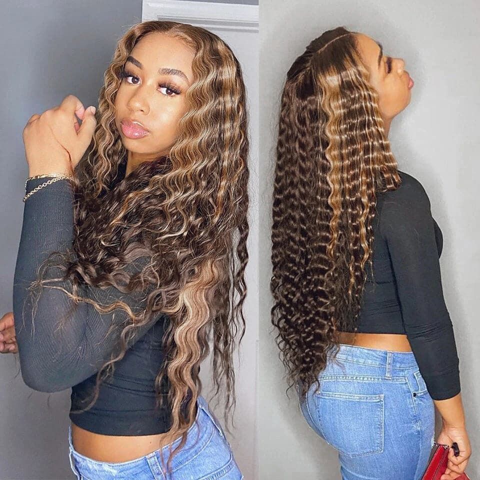QVR Highlight 13x4 Piano Color Deep Wave Pre-plucked Lace Frontal Human Hair Wig