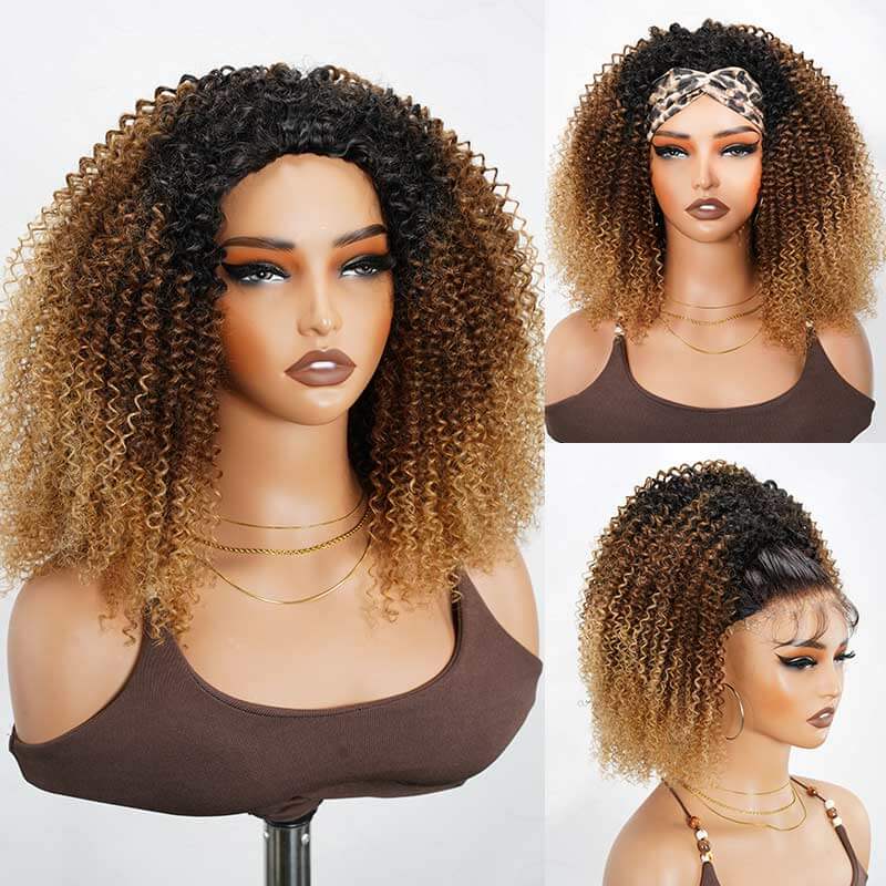 QVR Glueless Dark Brown Kinky Curly Half Wig with Black Roots 250% Density Human Hair Wig #T1B/4 Wear Go Flip Over Wig