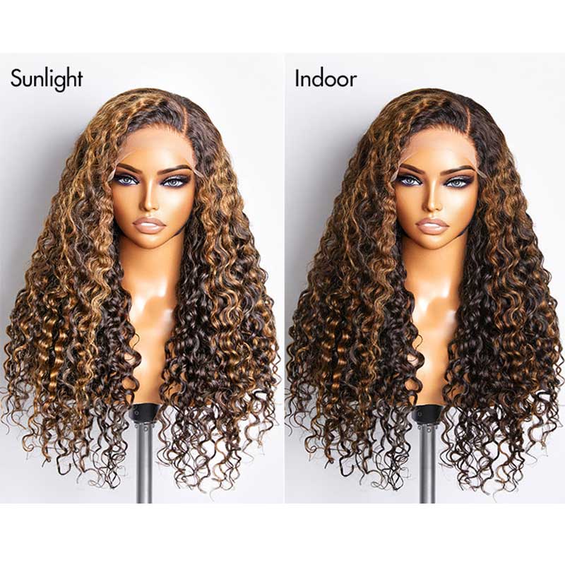 QVR Balayage Funmi Curly Glueless 5x5 Lace Closure Wig Brown Highlights Human Hair Wigs