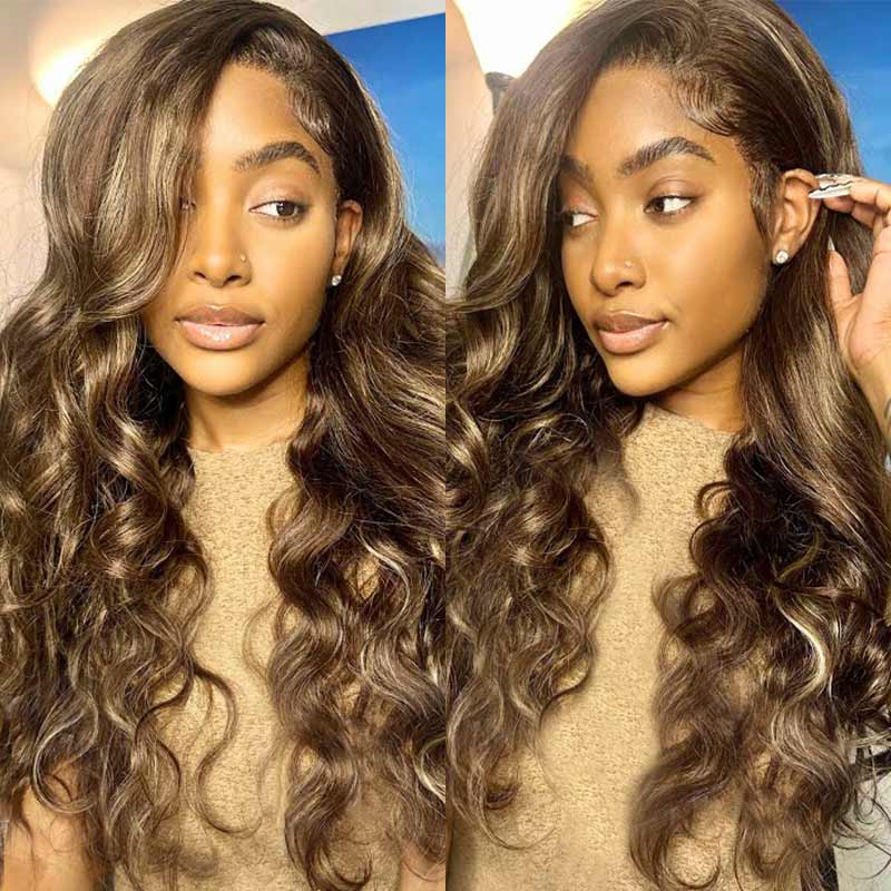 QVR Dark Balayage HD Lace Front Closure Wig Human Hair Body Wave Wigs