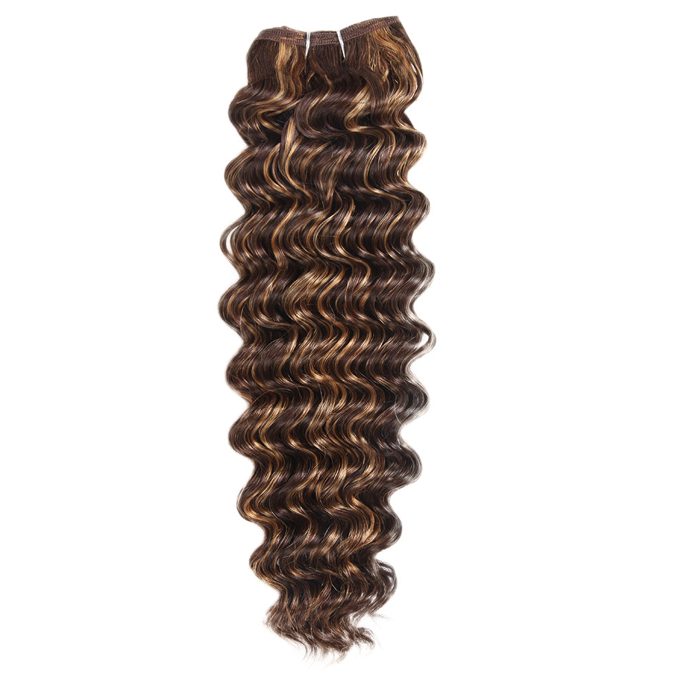 QVR Deep Wave Weave 3 Bundles with Closure Virgin Human Hair Highlights Weave and Closure Piano Brown Color