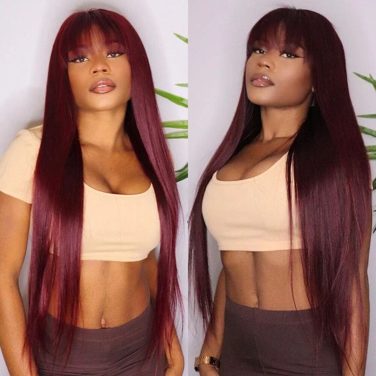QVR 99J Burgundy Color Machine Made Wig With Bangs Stright Human Hair Wigs No Lace