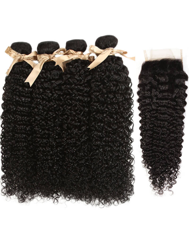 QVR Remy 4 Bundles Jerry Curl With 4X4 Lace Closure Kinky Curly Hair Natural Color