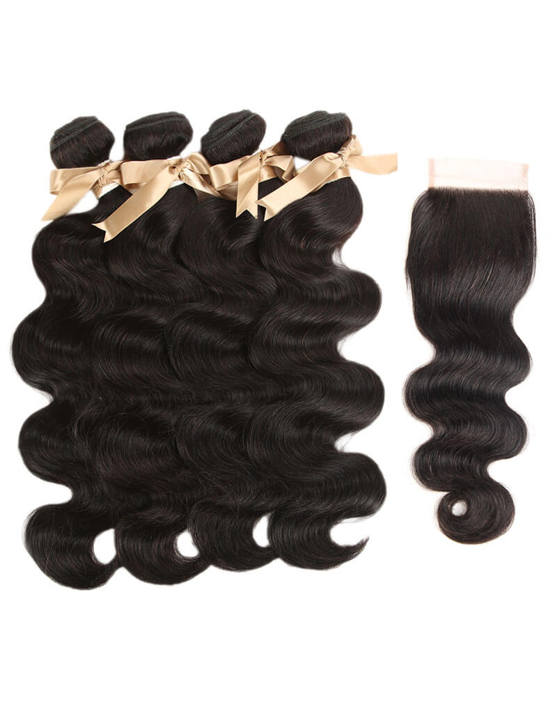 QVR Remy Human Hair Bundle With Closure Body Wave 4 Bundles With 4x4 Lace Closure Natural Color