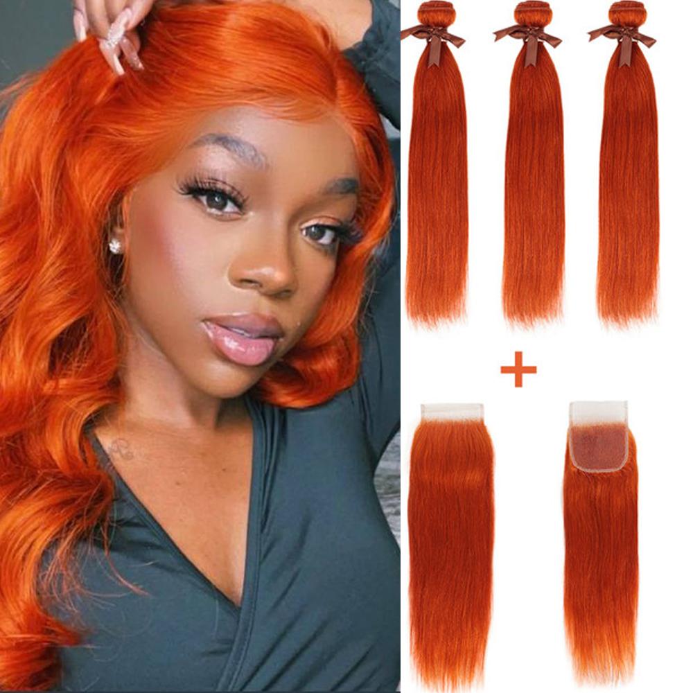 Queen Remy Human Hair Ginger Orange Color 3 Bundles with Closure Straight Hair Weave Orange Color