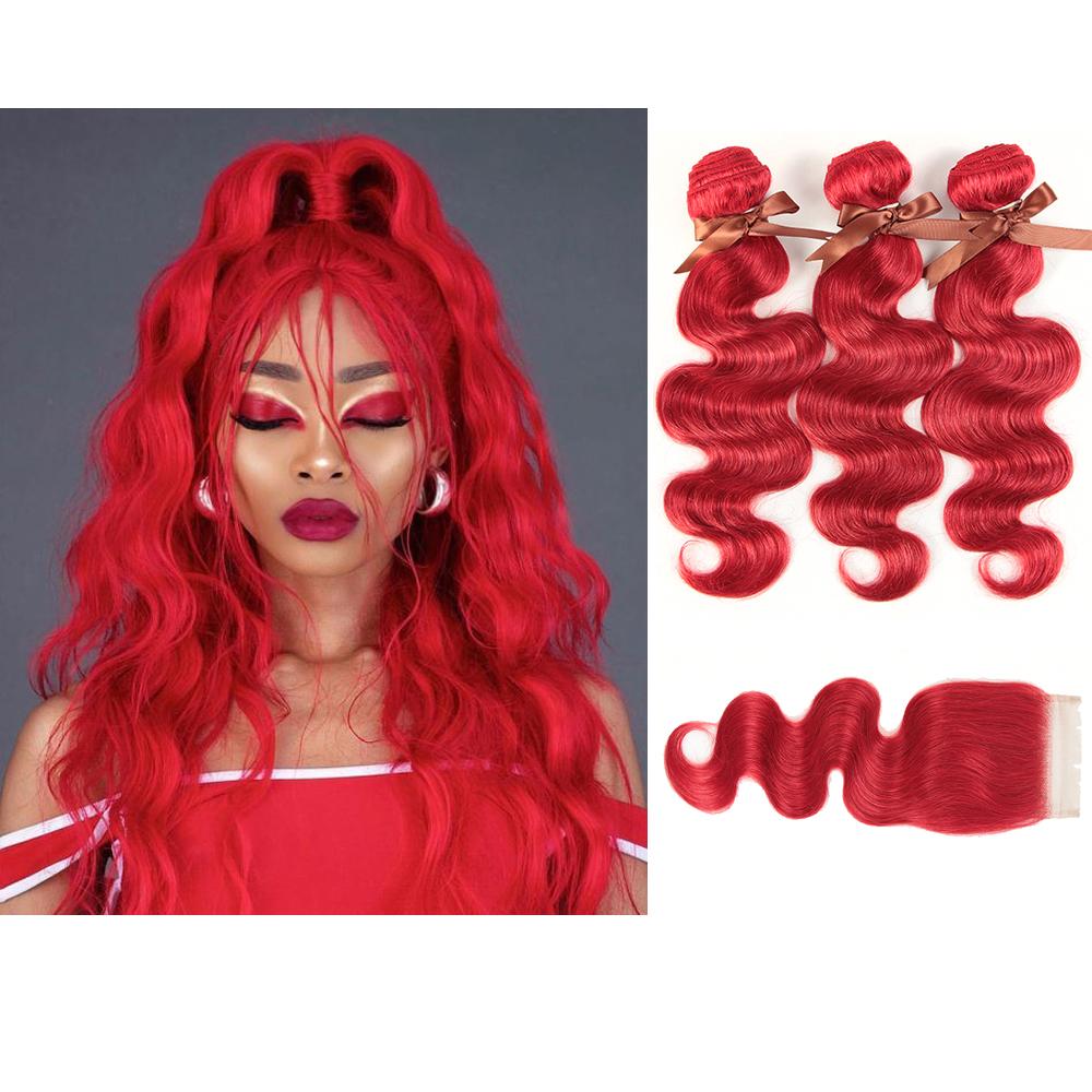 QVR Red Color Brazilian Body Wave Bundles With Closure Remy Hair Weave Bunldes Hair Extension For Black Women