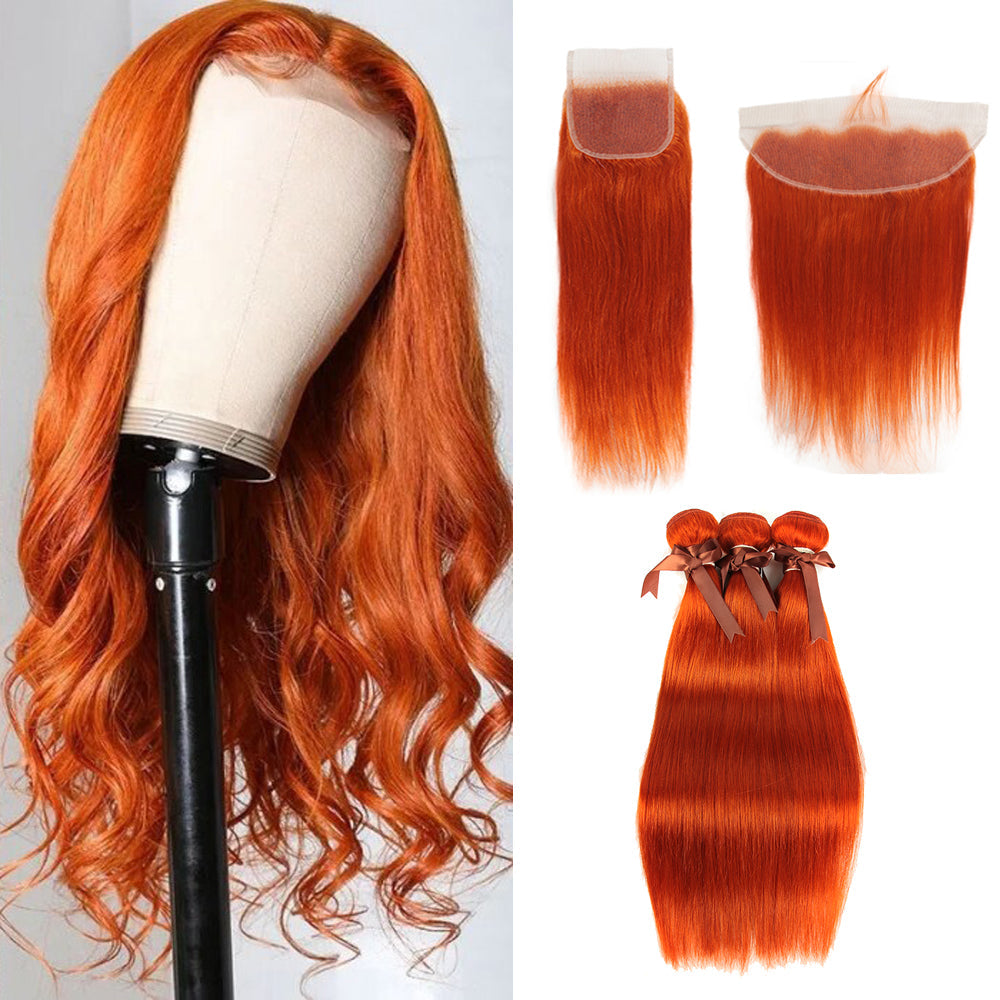 Queen Remy Human Hair Ginger Orange Color 3 Bundles with Closure Straight Hair Weave Orange Color