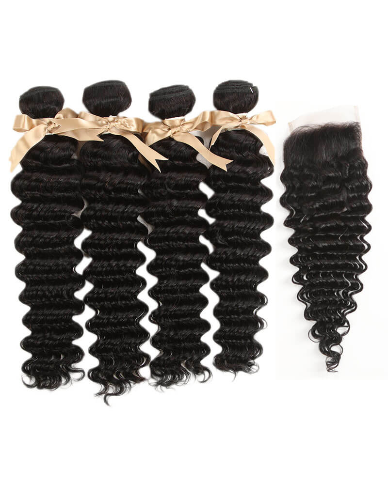 QVR Remy Human Hair 4 Bundles With Closure Deep Wave With 4x4 Lace Closure Natural Black