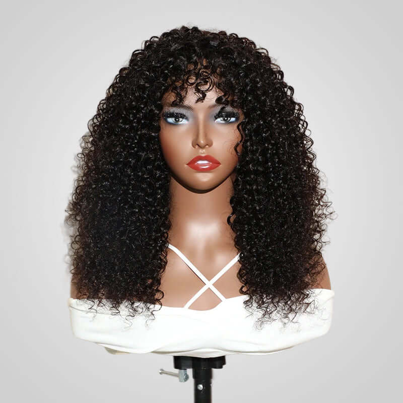 QVR Highlight Curly No Lace Piano #4/27 Color Glueless Machine Made Wig With Bangs