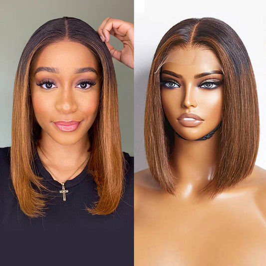BOGO|Straight Ombre Brown Blunt Cut 4x4 Short Bob Wigs