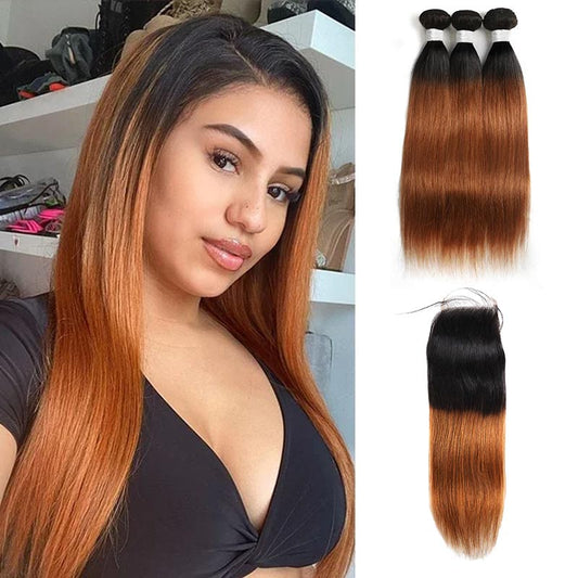 T1B/30 Ombre Brown Color Brazilian Straight Hair 3 Bundles With 4x4 Lace Closure Human Hair Extensions