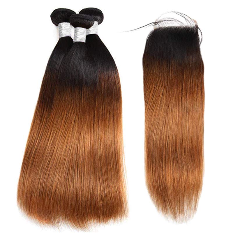T1B/30 Ombre Brown Color Brazilian Straight Hair 3 Bundles With 4x4 Lace Closure Human Hair Extensions