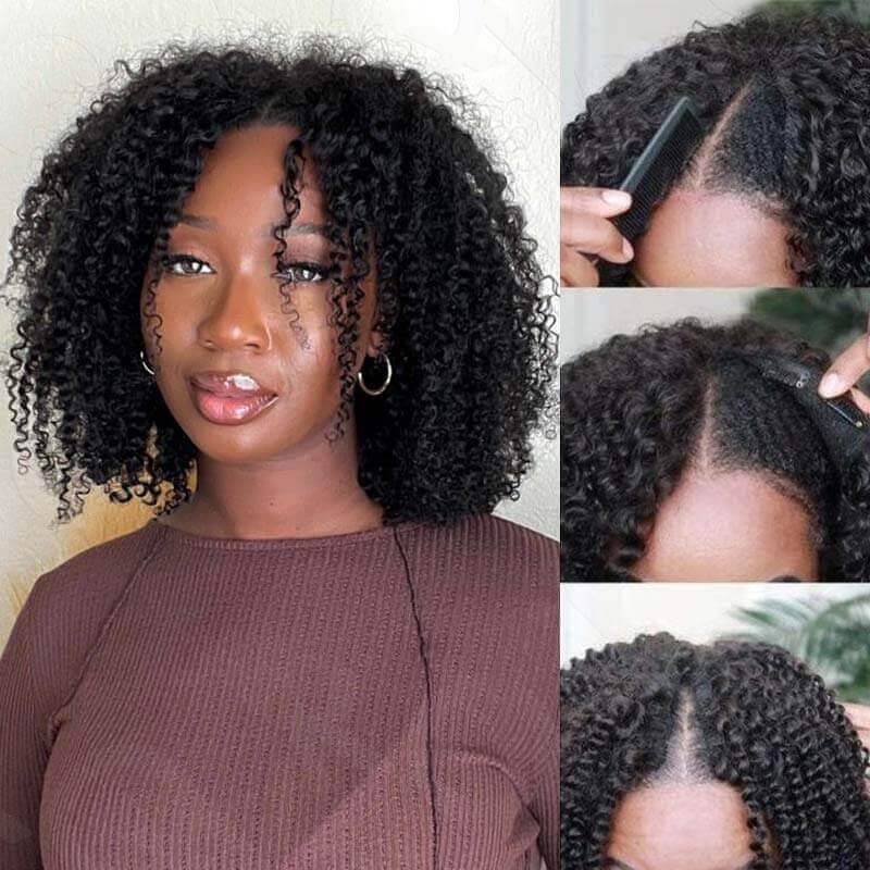 QVR Invisible Lace Edge Kinky Curly V Part Wigs Highlight #1B/30 No Leave Out Human Hair Wig
