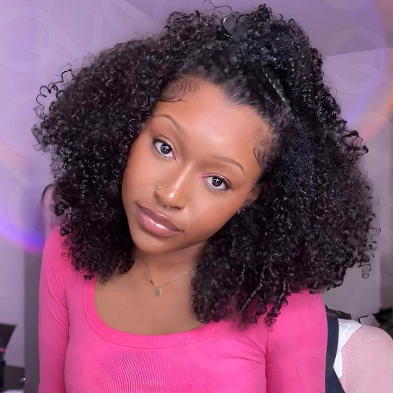 US Only|QVR #1B Kinky Curly V Part Human Hair Wigs