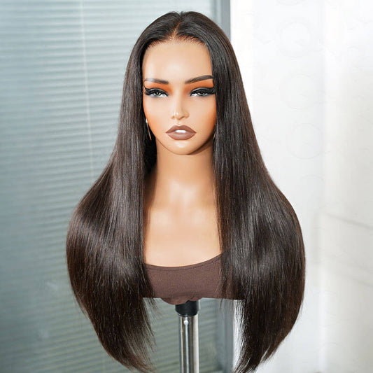 QVR Glueless Silky Straight 13x4 Pre-Cut Lace Frontal Wig 180% density Natural Black Human Hair Wigs