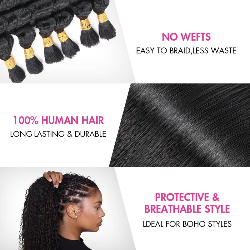 B3G1|QVR Deep Wave Boho Knotless Braids Human Bulk Hair