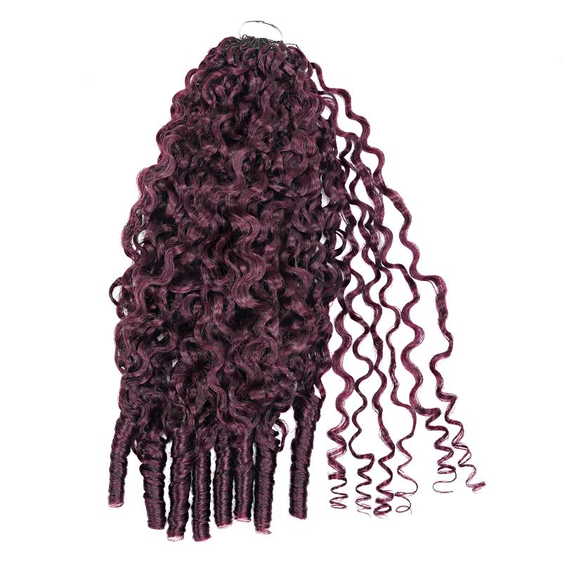 QVR Burmese Curly Feather Crochet Human Hair Dark Burgundy #99J Machine Made Crochet Weave Hair Extensions