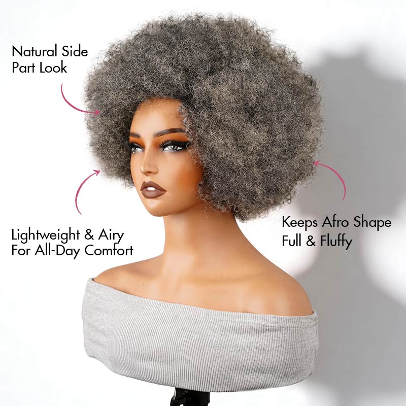 QVR Salt and Pepper Side Part Afro Curl Bouncy Human Hair Machine Made Glueless Wig