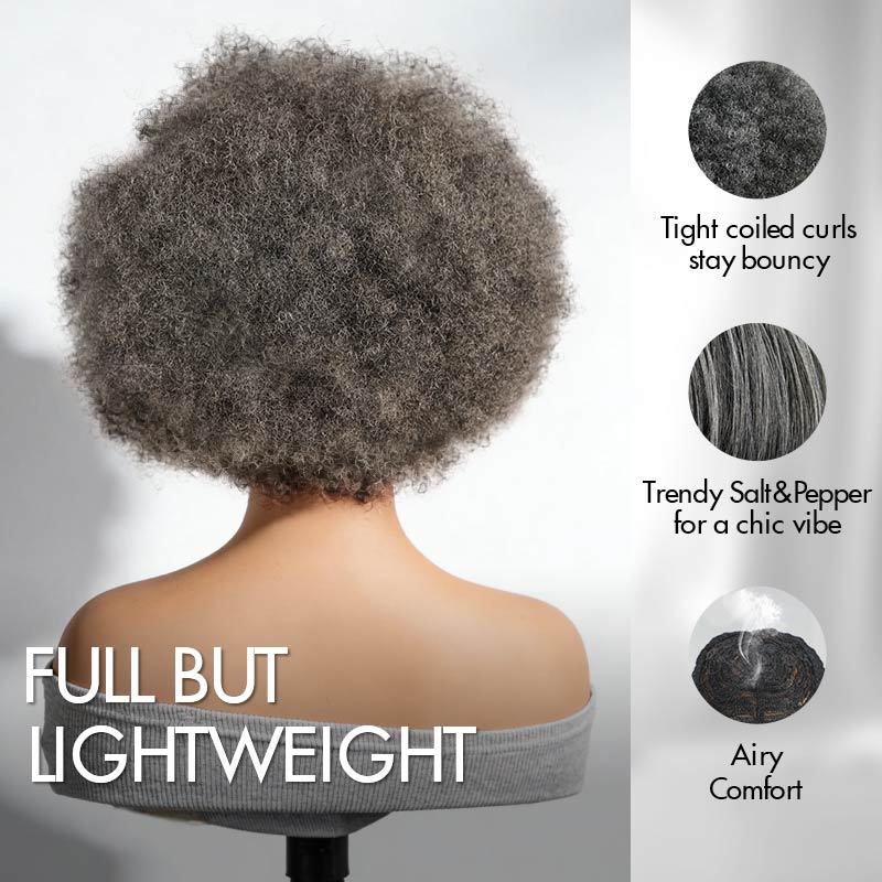 QVR Salt and Pepper Side Part Afro Curl Bouncy Human Hair Machine Made Glueless Wig