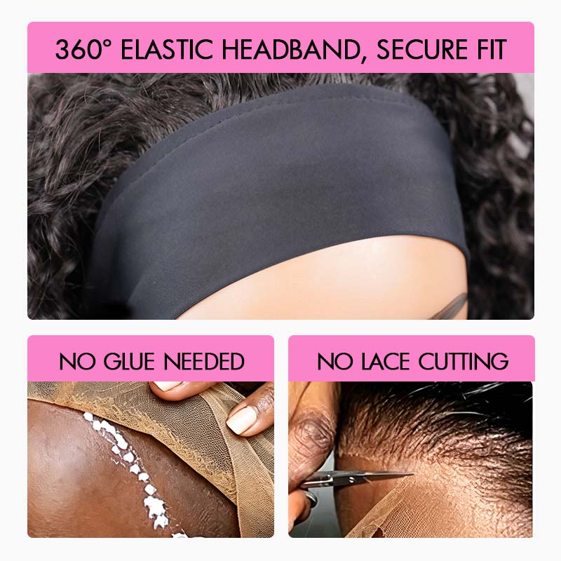 QVR New Water Wave Headband Wig 100% Human Hair Glueless Wigs for Women