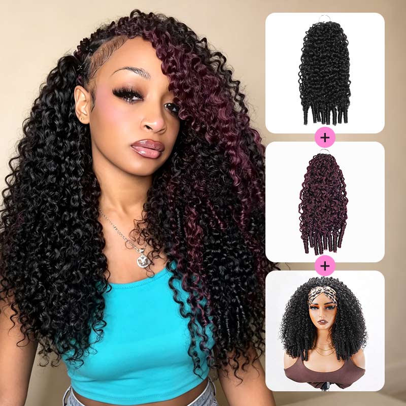 FIXED PRICE|QVR Brown Highlight Miracle Knots X Half Wig Hack Seamless Miracle Braids Human Hair Crochet Weave Hair Extension
