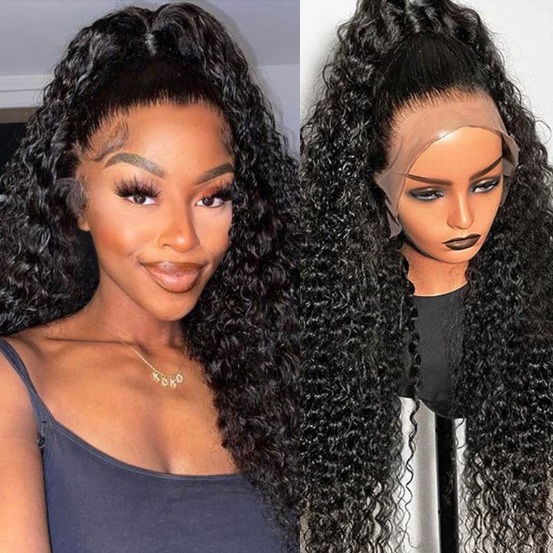 QVR Deep Wave Full Lace Wig Handmade Natural Black Human Hair Knotless Wigs