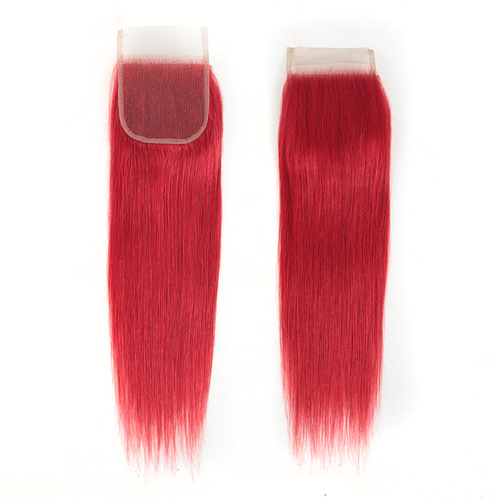 Queen Remy Human Hair 3 Bundles with Closure Straight Hair Weave Red Color