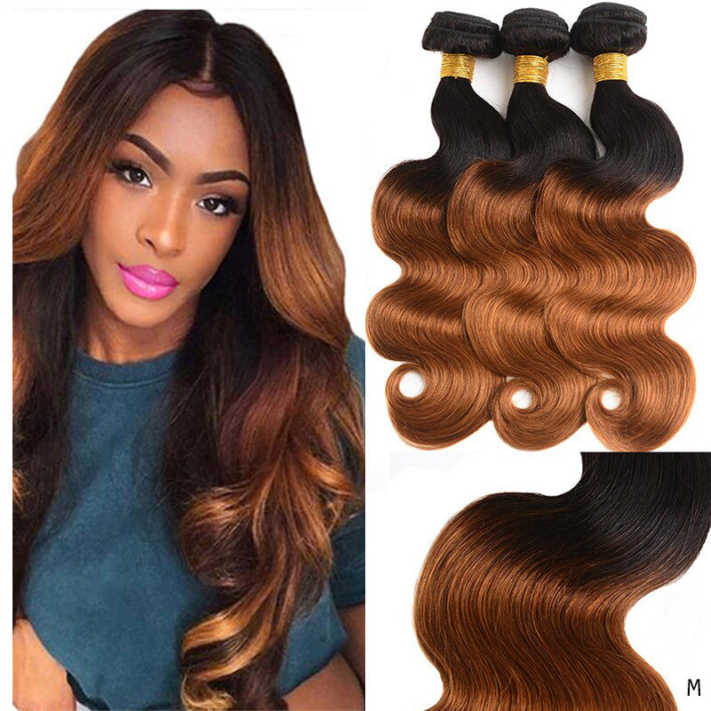 QVR Remy Human Hair 3 Bundles Ombre Brown Body Wave Hair T1B/30