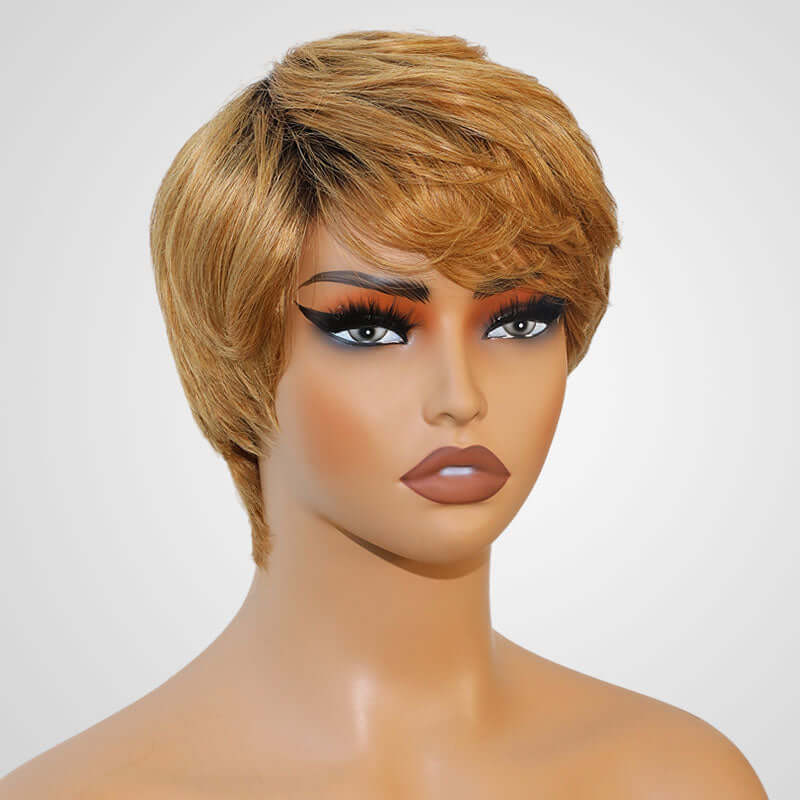 QVR Ombre Brown Blonde Short Human Hair Wig Machine Made Wigs