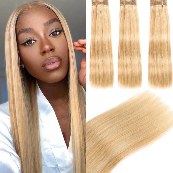 QVR Remy Human Hair 3 Bundles Straight Human Hair Weave Piano Blonde Color 27/613