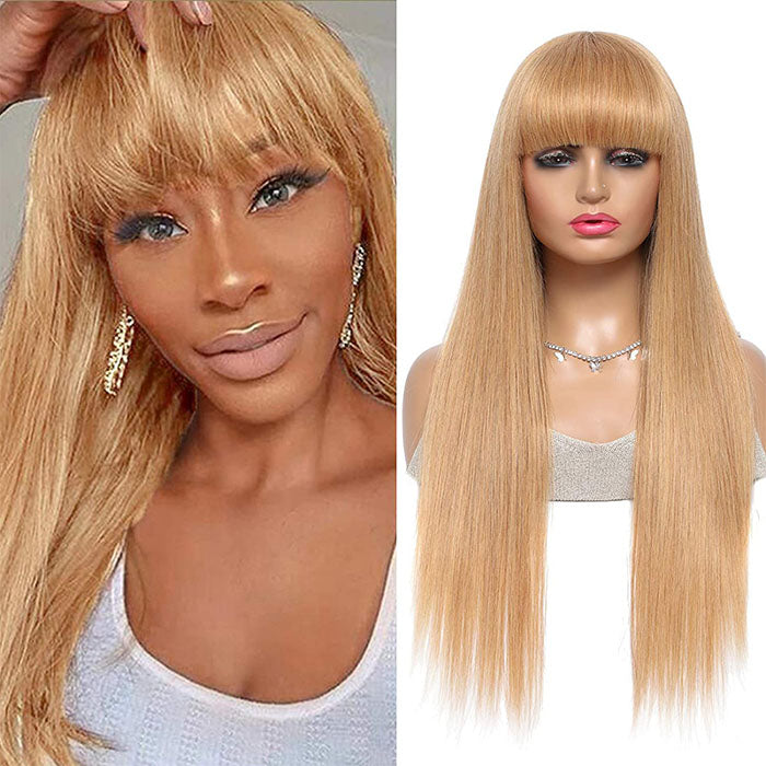 QVR #27 Honey Blonde Human Hair Wigs with Bangs 13x4 HD Lace Wig/Full Machine Made Wig With Bangs