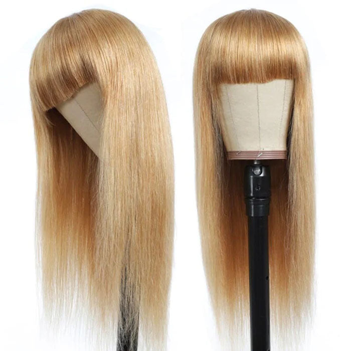 QVR #27 Honey Blonde Human Hair Wigs with Bangs 13x4 HD Lace Wig/Full Machine Made Wig With Bangs