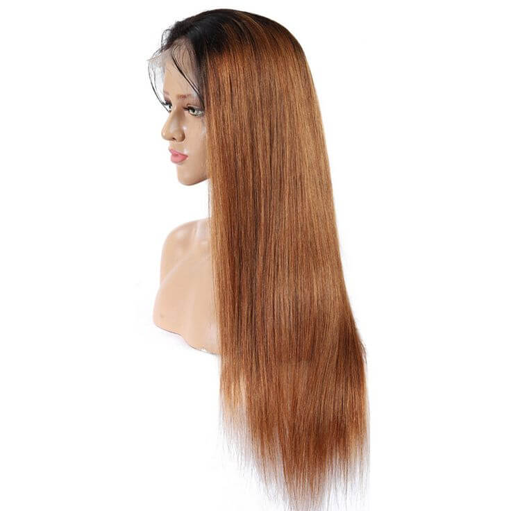 QVR Straight Hair 1B/30 Ombre Honey Brown Color Glueless 4x4 Lace Closure Wig 100% Virgin Human Hair Wigs