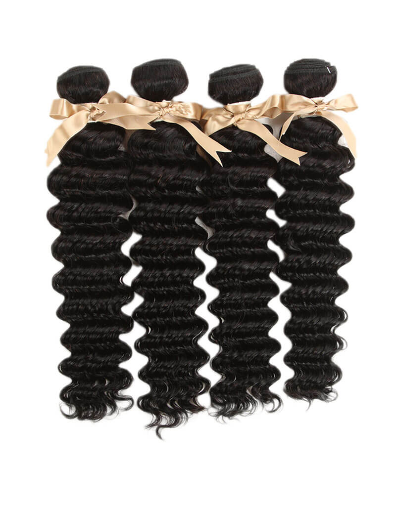 QVR Remy Human Hair 4 Bundles With Closure Deep Wave With 4x4 Lace Closure Natural Black