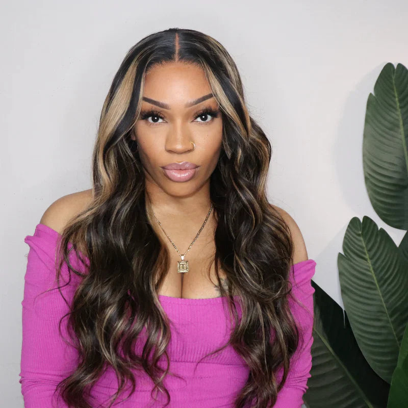 QVR Balayage Highlight Color 4x4 Transparent Lace Closure Invisible knots Pre-Plucked Body Wave Wig