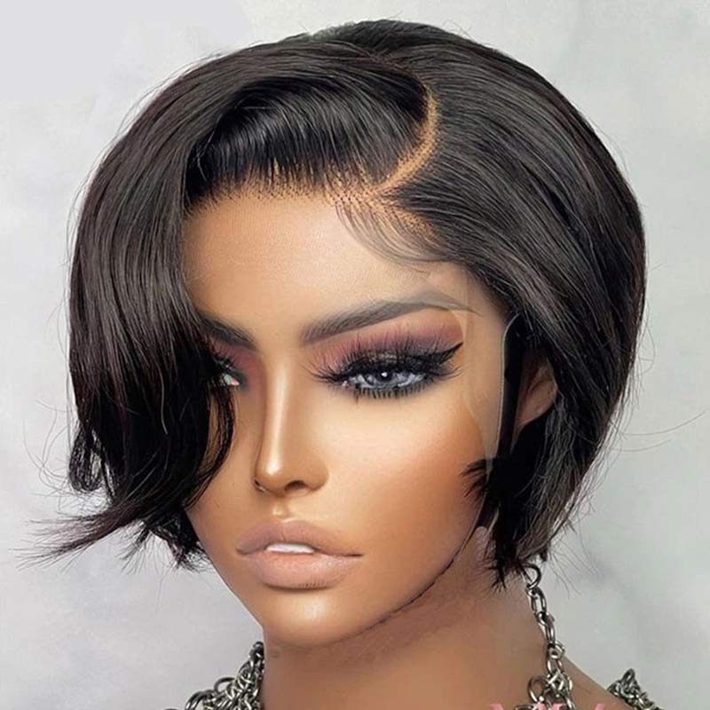 QVR Pixie Cut Style Short Hair Natural Black Color T Part Lace Frontal Human Hair Wig