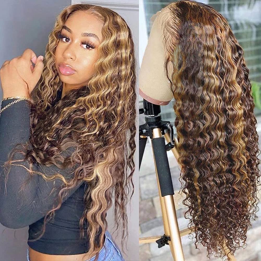 QVR Highlight 13x4 Piano Color Deep Wave Pre-plucked Lace Frontal Human Hair Wig