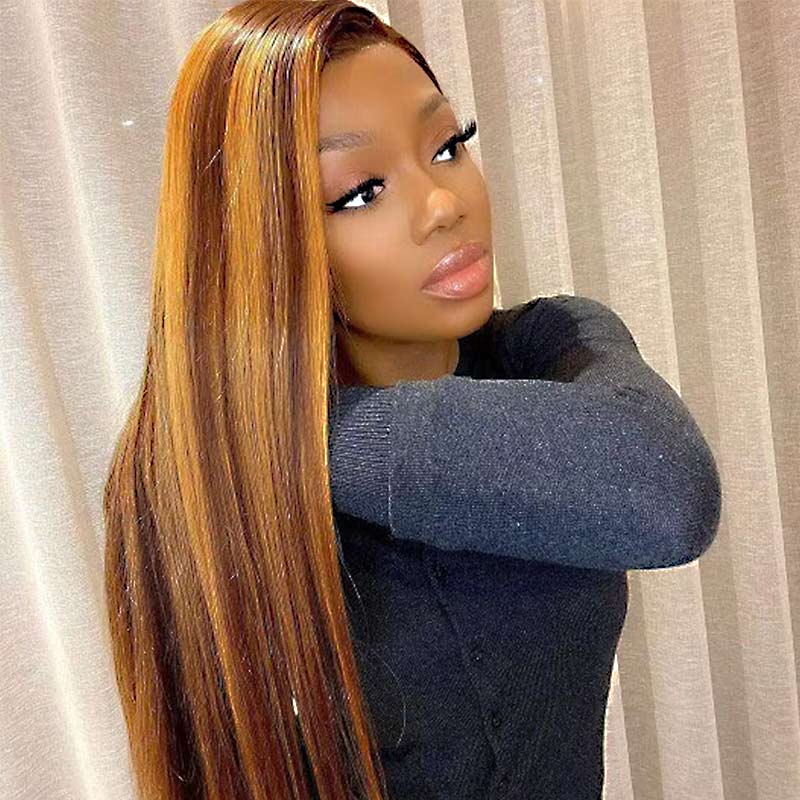QVR Honey Blonde Highlight Straight 4x4 Lace Closure Wig Human Hair 13x4 Lace Front Wig