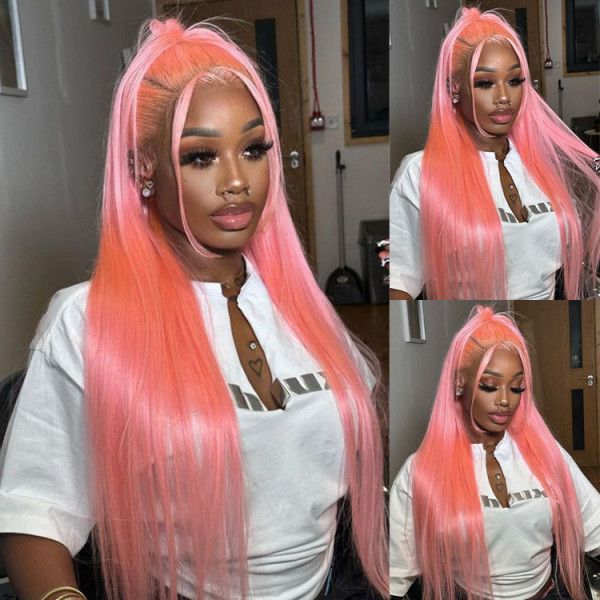 QVR Pink Color 13x4 Transparent Lace Front Wig Bone Straight Pre-plucked Human Hair Wigs