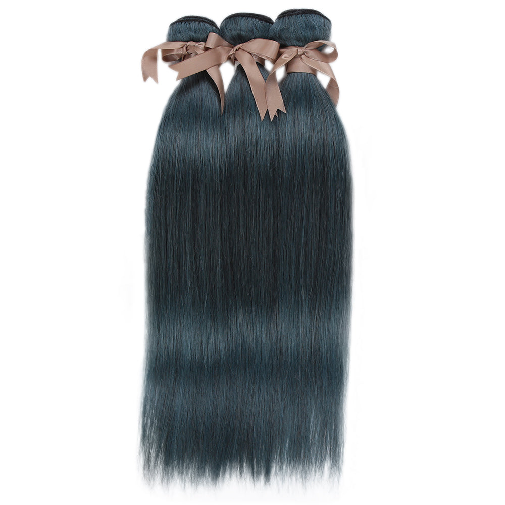 Queen  Remy Human Hair 3 Bundles with Closure Straight Hair Weave Ink Blue Jade Shade Dark Green  Color